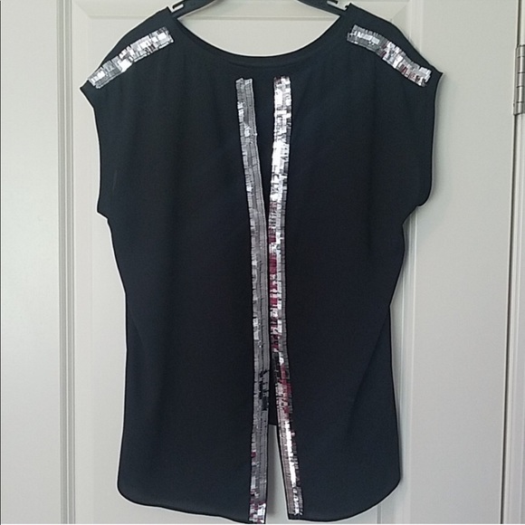 Express Tops - Express Open Back Silver Sequin Detail Sheer Black